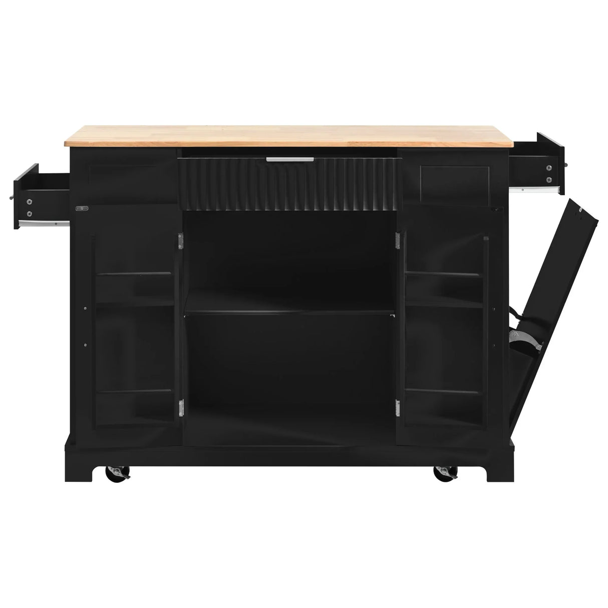 Fluted Rubber Wood Kitchen Island With Trash Can Cabinet - Omega Lifestyles