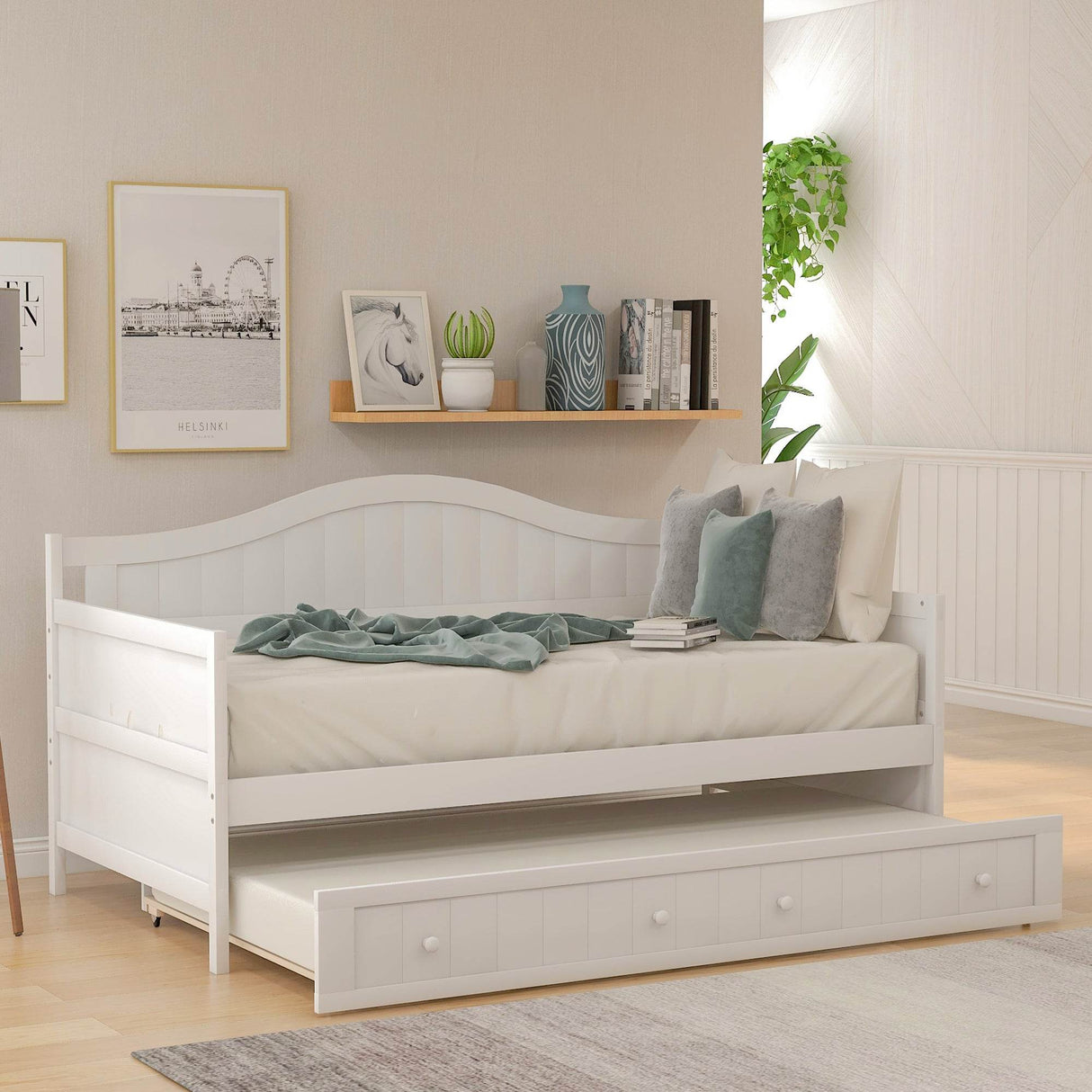 Twin White Solid Wood Cottage Style Daybed With Trundle - Omega Lifestyles