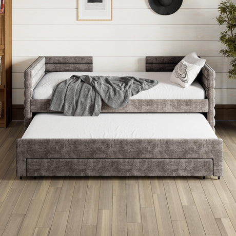 Twin Upholstered Chenille Daybed With Trundle And Drawers - Omega Lifestyles