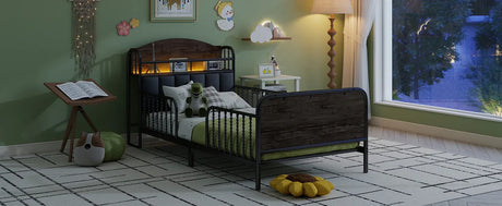 Twin Metal Platform Bed Frame With Upholstered Headboard And LED Light - Omega Lifestyles