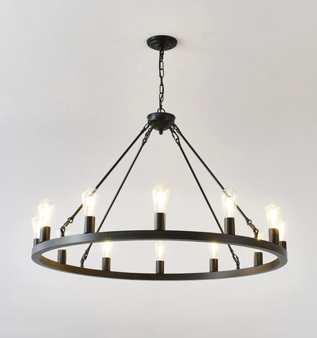Farmhouse Matte Black Wagon Wheel 12-Light Chandelier - Omega Lifestyles