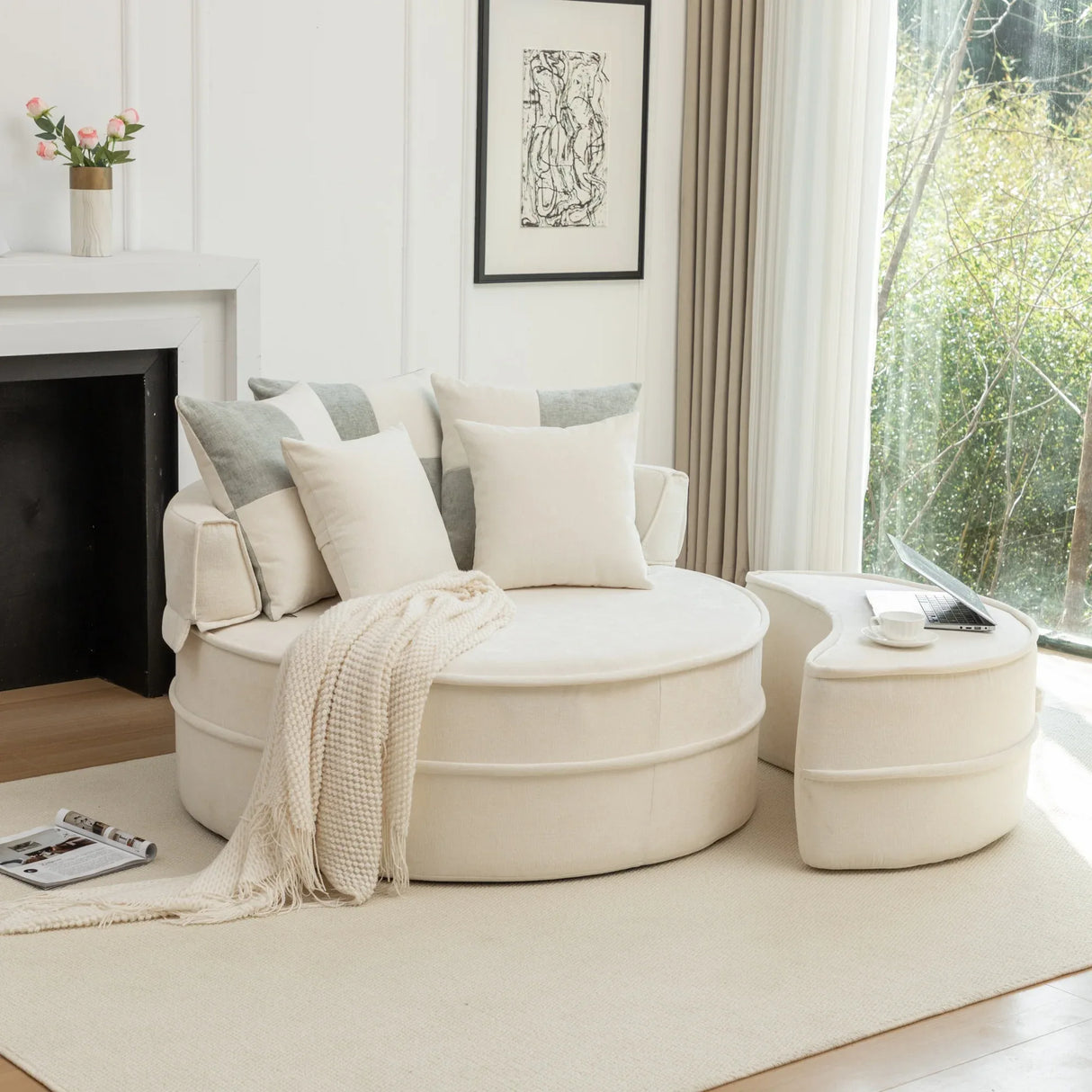 Modern Oversized Chenille Barrel Accent Chair With Ottoman - Omega Lifestyles