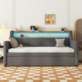 Twin Linen Upholstered Daybed With Trundle Charging Station - Omega Lifestyles