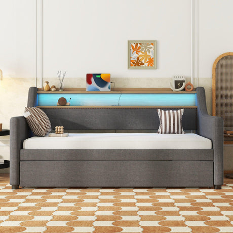 Twin Linen Upholstered Daybed With Trundle Charging Station - Omega Lifestyles