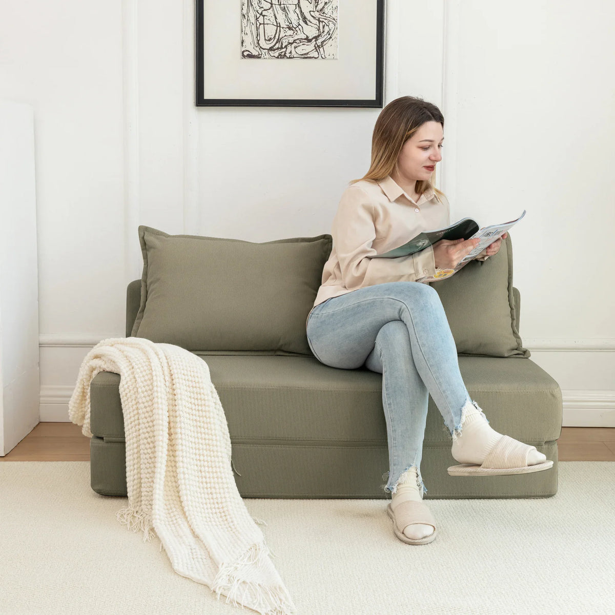 Foldable Corduroy 2-Seat Sofa Bed With Mattress - Omega Lifestyles