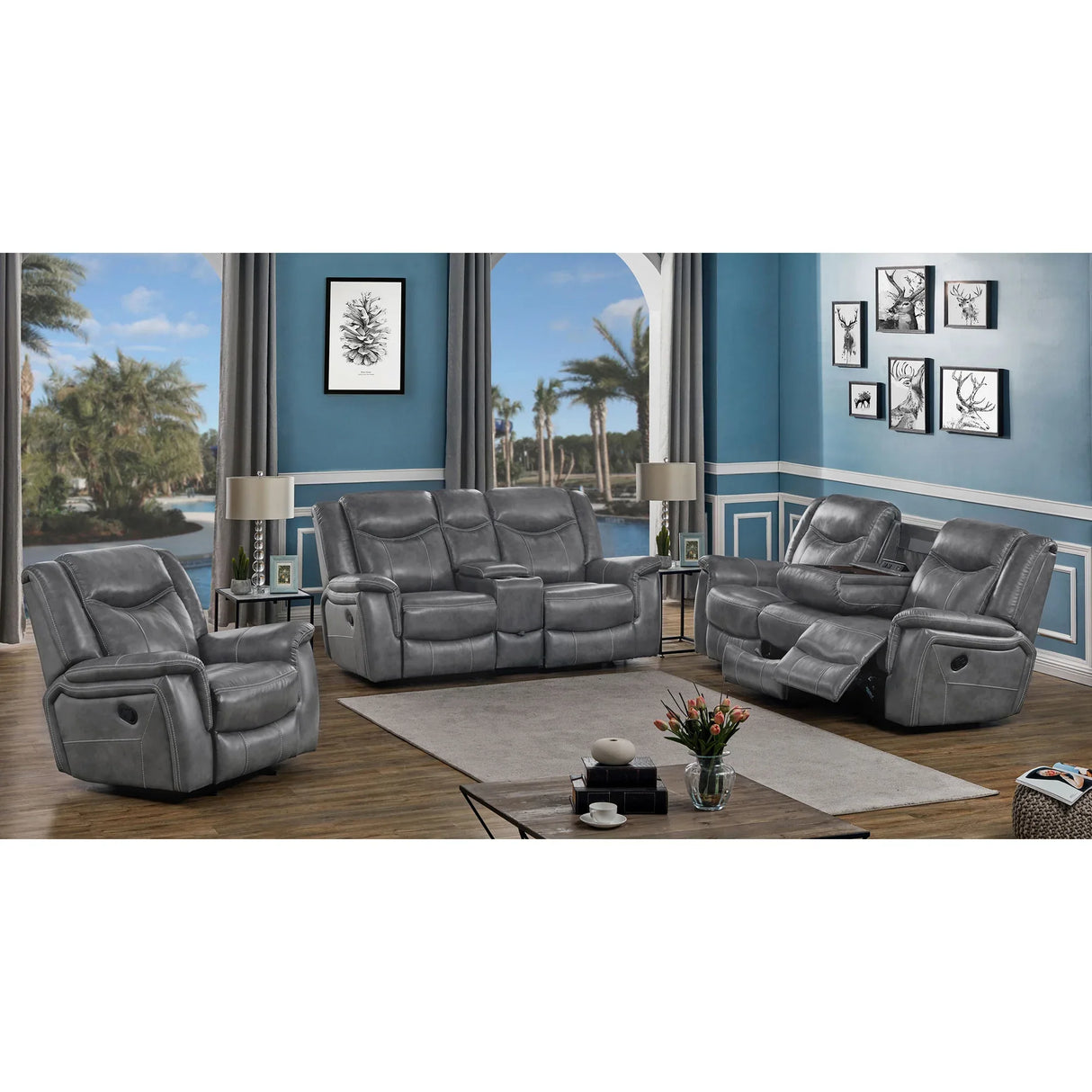 Grey Upholstered Faux Leather Padded Arm Glider Recliner - Omega Lifestyles