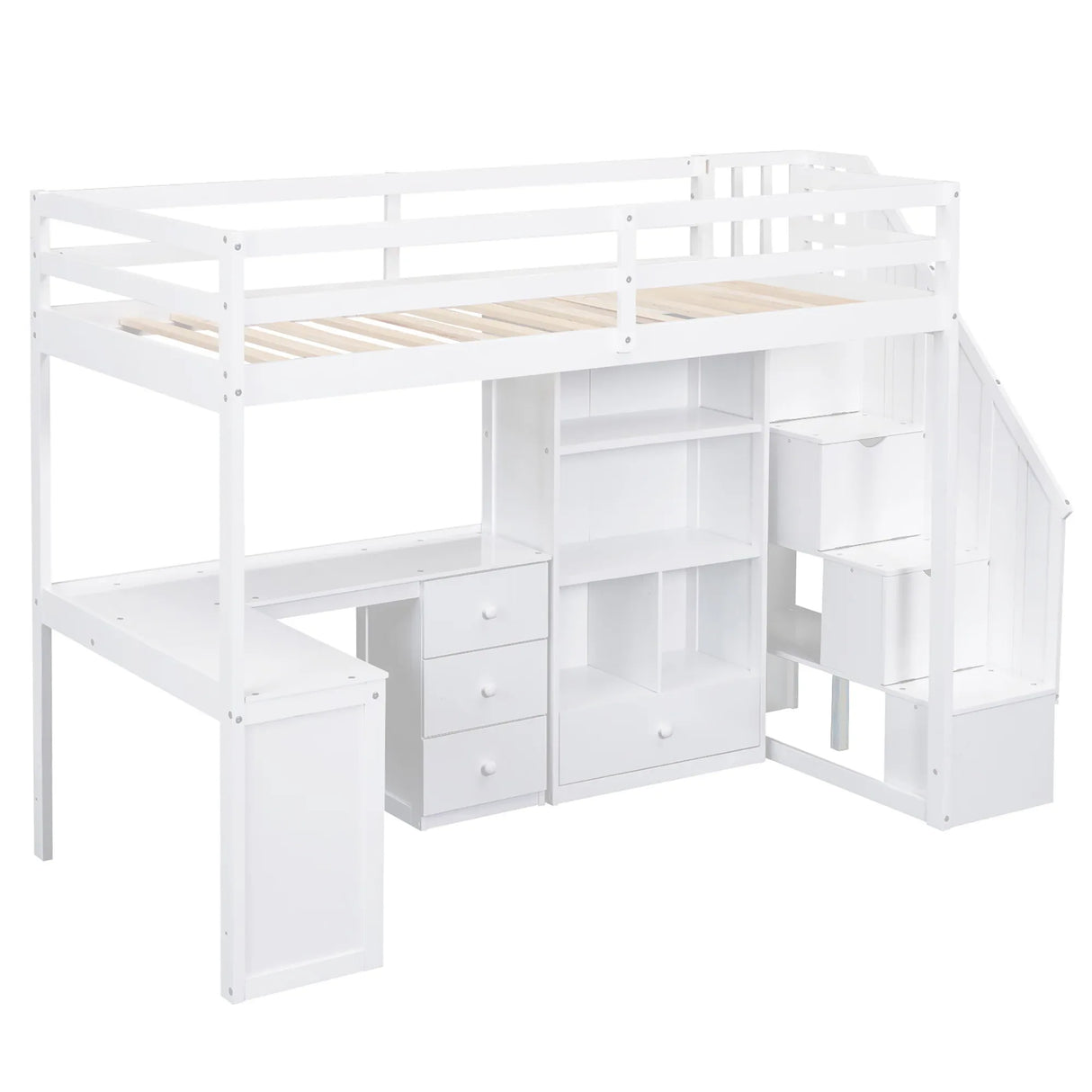 Twin Loft Bed With L-Shaped Desk Drawers Cabinet Staircase - Omega Lifestyles