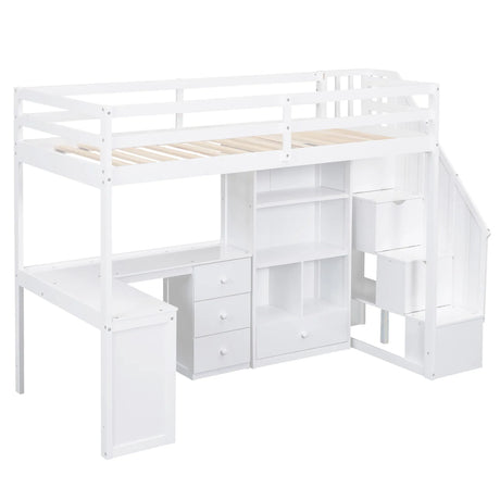 Twin Loft Bed With L-Shaped Desk Drawers Cabinet Staircase - Omega Lifestyles