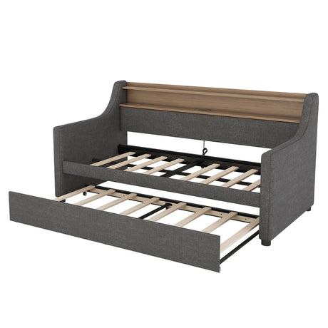Twin Linen Upholstered Daybed With Trundle Charging Station - Omega Lifestyles
