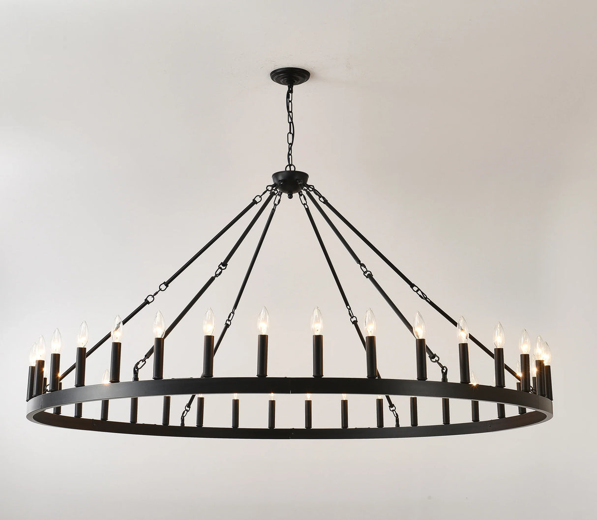 Farmhouse Matte Black Wagon Wheel Chandelier 36-Light 64-Inch - Omega Lifestyles