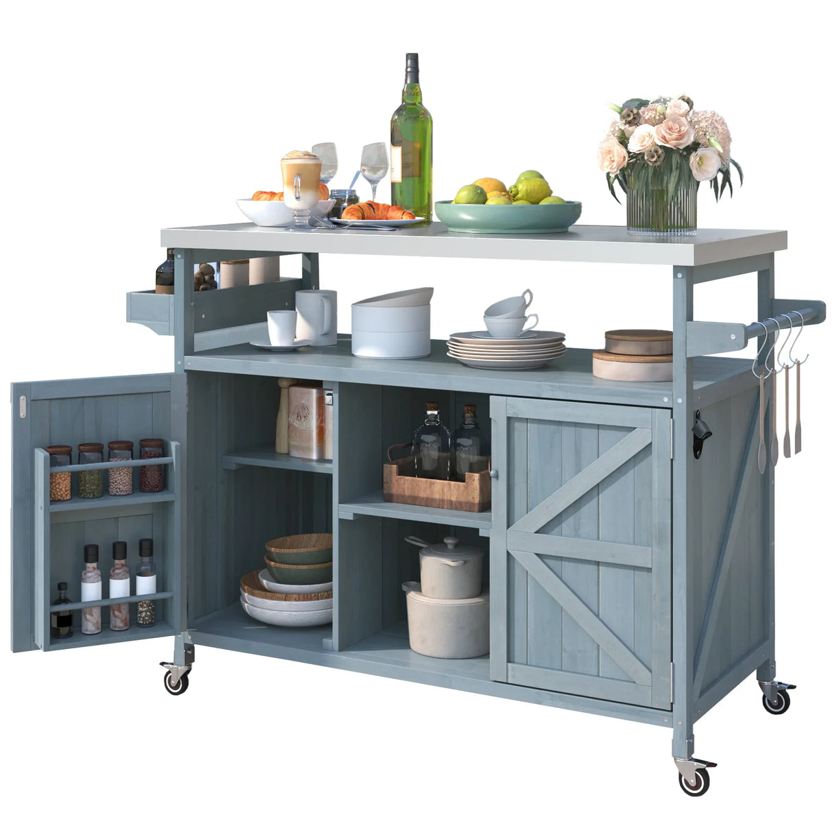 Farmhouse Solid Fir Wood Outdoor Kitchen Island Cart - Omega Lifestyles