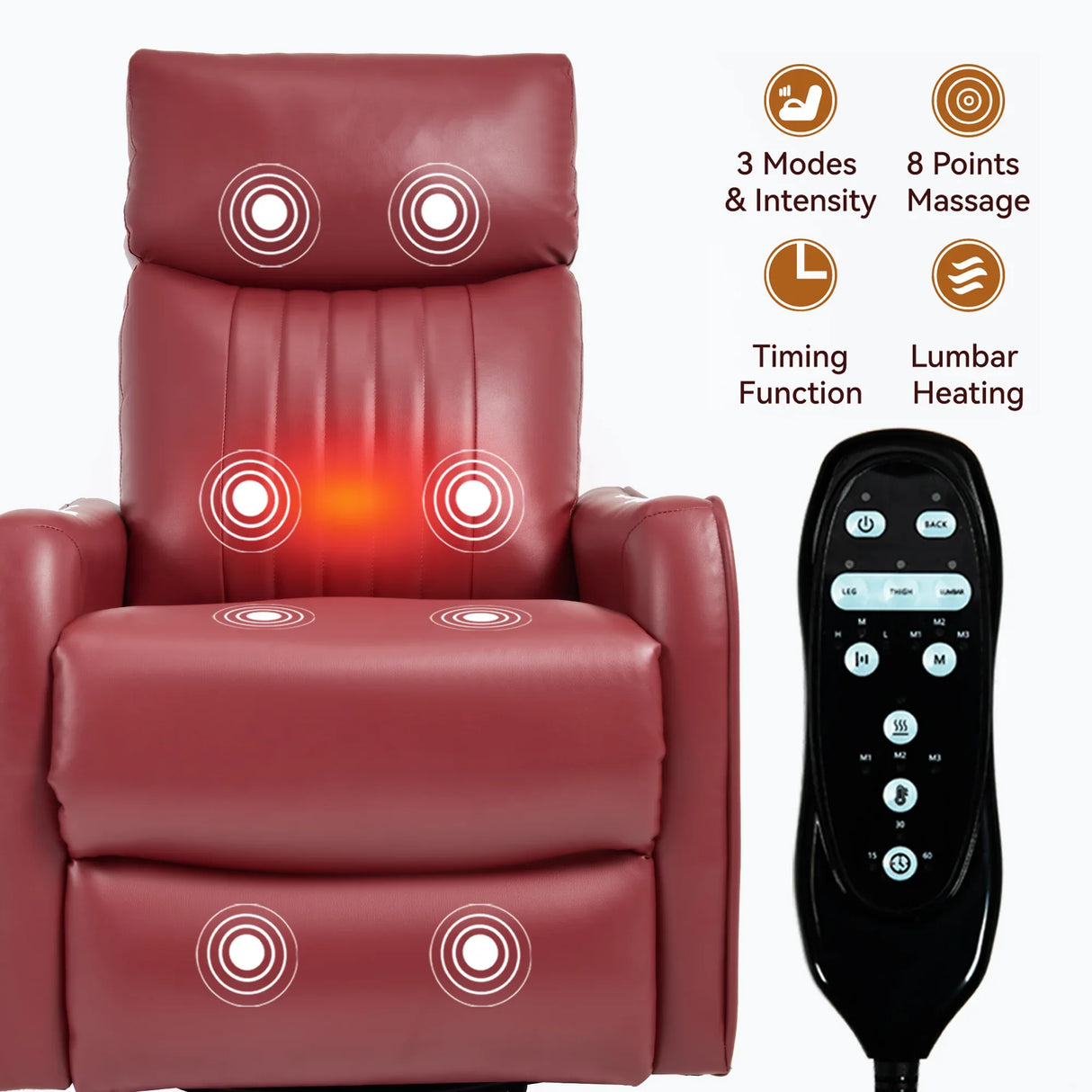 Red Faux Leather Medium-Firm Heat Massage Recliner Chair - Omega Lifestyles