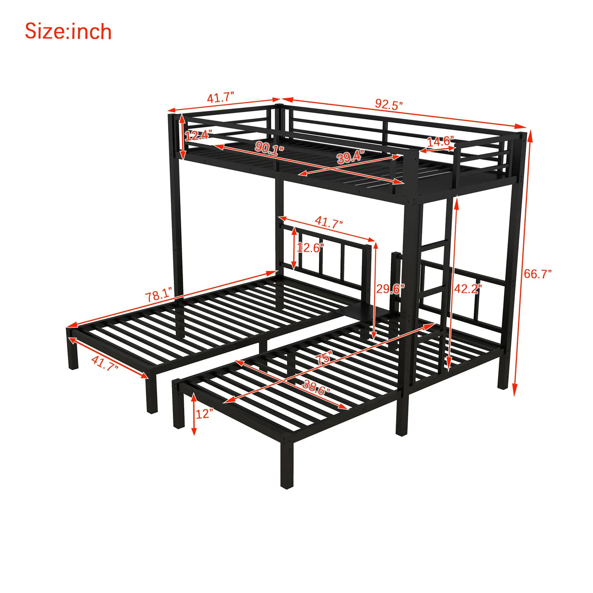 Metal Twin Over Twin Triple Bunk Bed With Guardrails - Omega Lifestyles