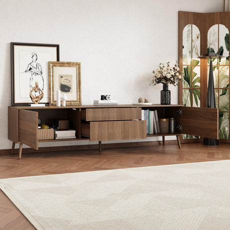 70-Inch Walnut Fluted Modern TV Stand With Storage - Omega Lifestyles