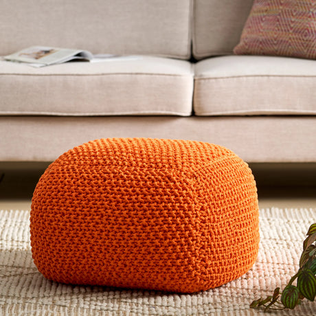 Knitted Cotton Square Orange Pouf Seat - Omega Lifestyles