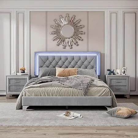 3-Piece Upholstered Platform Bed With LED Nightstands Set - Omega Lifestyles
