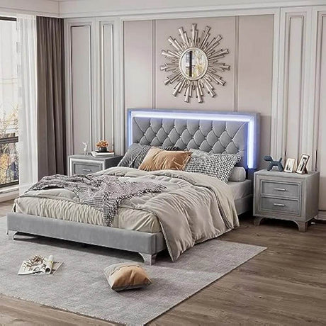3-Piece Upholstered Platform Bed With LED Nightstands Set - Omega Lifestyles