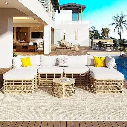 7-Piece Outdoor All-Weather Rattan Sectional Sofa Set - Omega Lifestyles