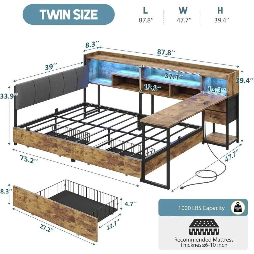 Twin Corner Bed Frame With Storage Bookcase And Desk - Omega Lifestyles