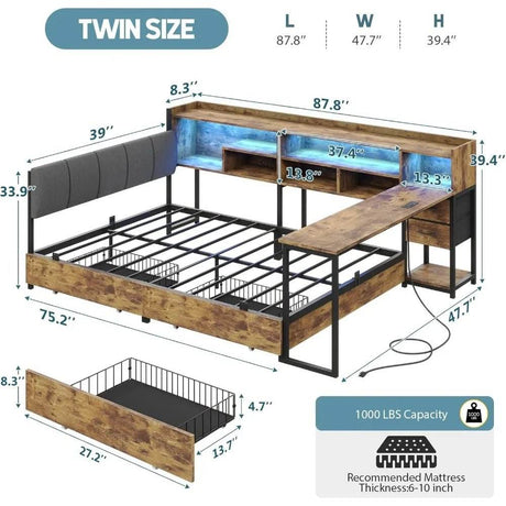 Twin Corner Bed Frame With Storage Bookcase And Desk - Omega Lifestyles