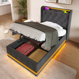 Twin Upholstered Linen Storage Bed With LED Lighting - Omega Lifestyles
