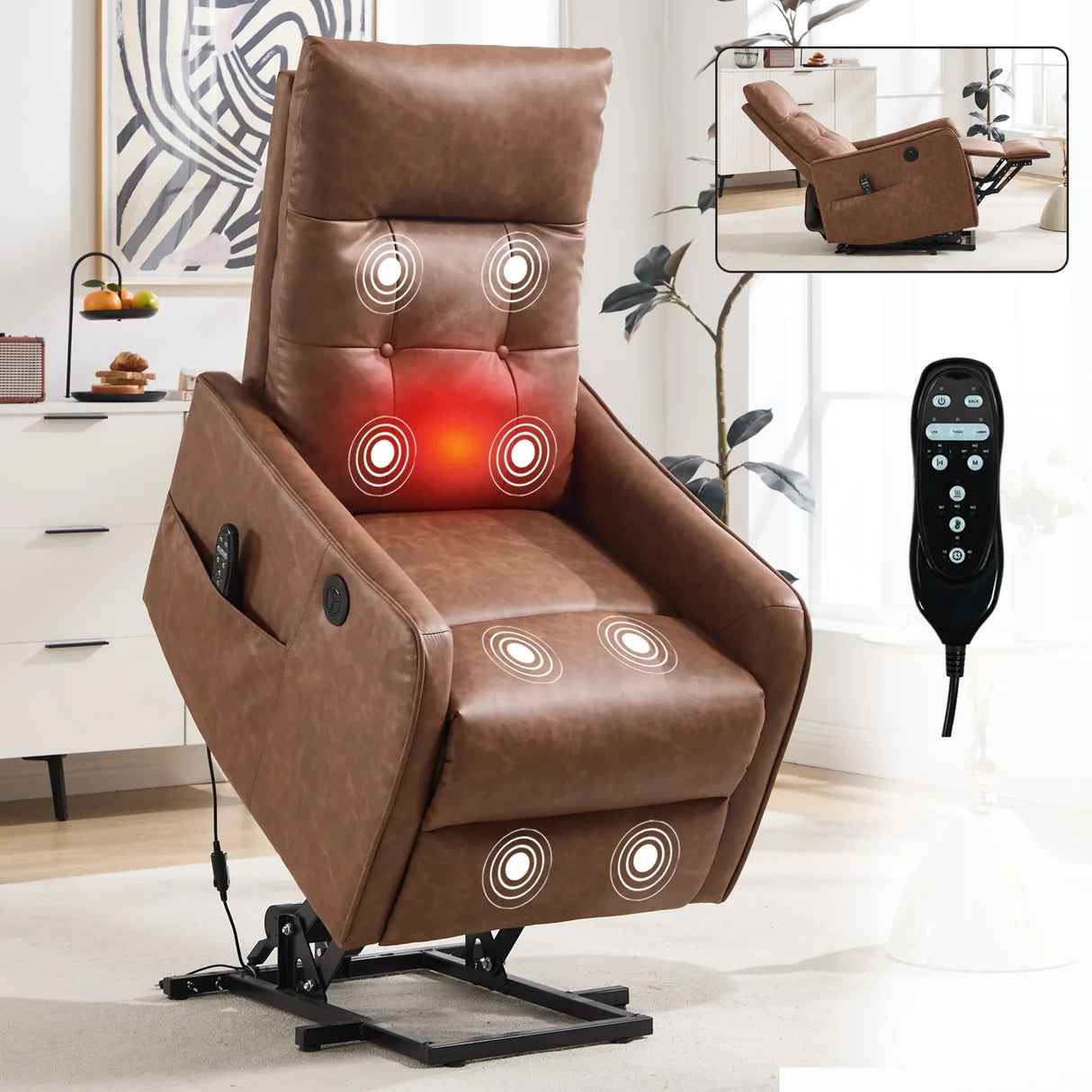 Brown Faux Leather Power Lift Recliner Chair With Massage Heat - Omega Lifestyles