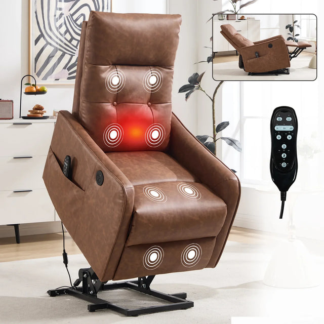 Brown Faux Leather Power Lift Recliner Chair With Massage Heat - Omega Lifestyles