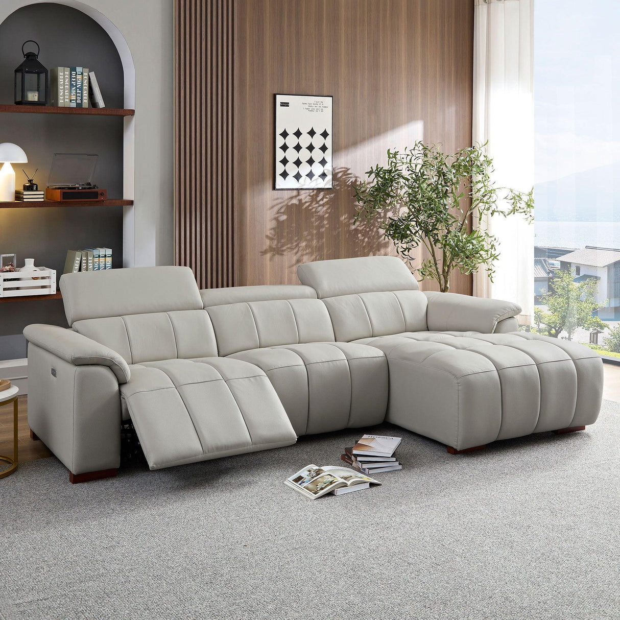 Electric Genuine Leather Reclining R Chaise Sofa With USB Port - Omega Lifestyles