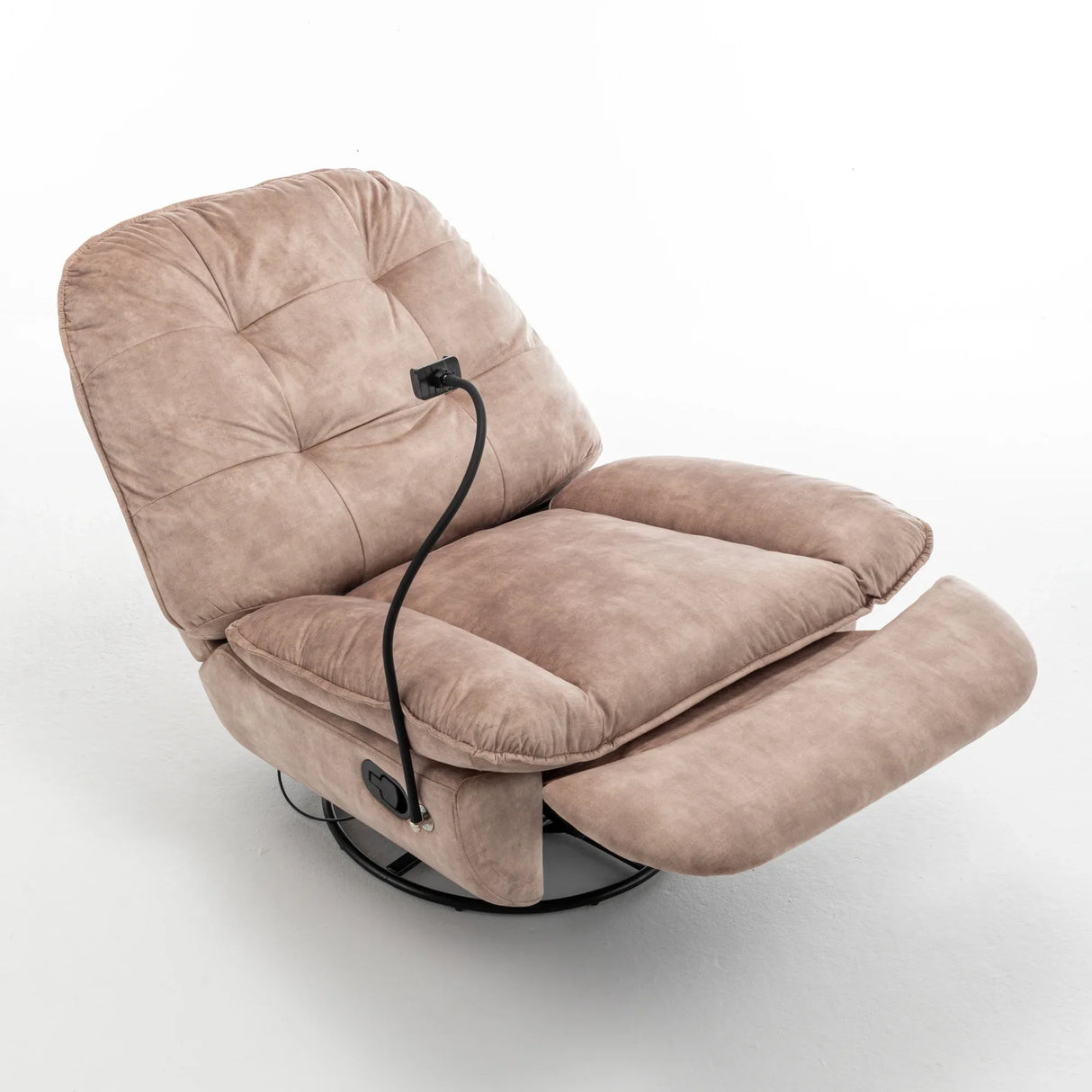 Modern Soft Velvet Swivel Gliding Recliner Chair With Phone Holder - Omega Lifestyles
