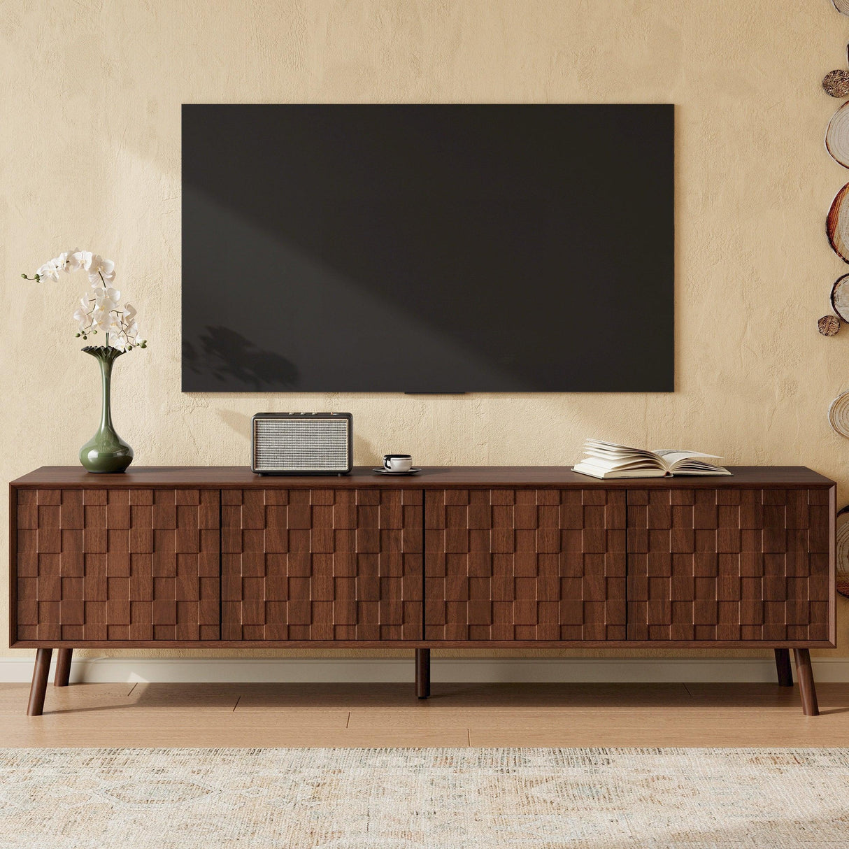 70-Inch Modern Walnut TV Stand With Soft-Closing Hinges - Omega Lifestyles