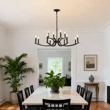 12-Light Matte Black Farmhouse Metal Chandelier Adjustable Height - Omega Lifestyles