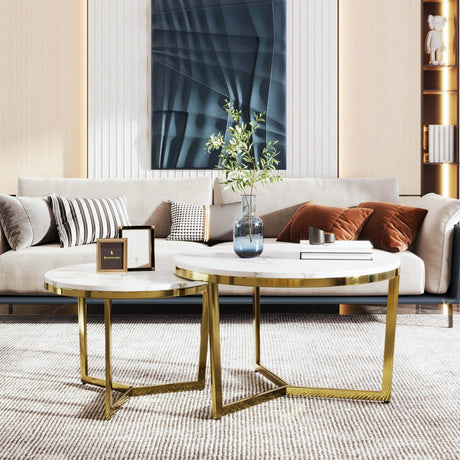 Modern Round Nesting 2-Piece White Marble Coffee Table Set - Sleep Galleria