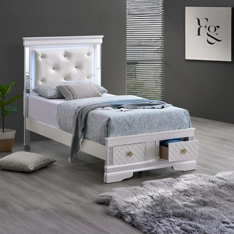 Twin Wood Veneer Bed Frame With LED Lighting And Storage Drawers - Omega Lifestyles