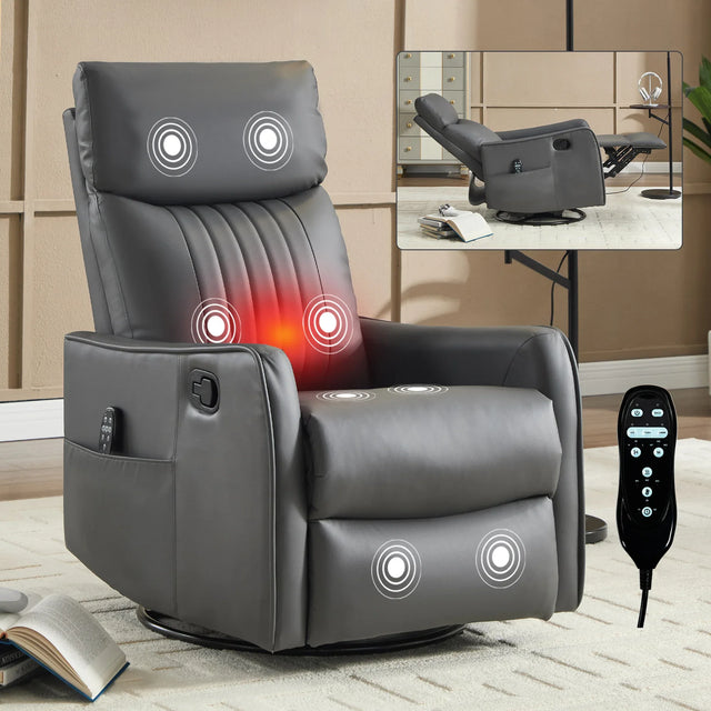 Medium-Firm Grey Faux Leather Heat Massage Recliner Chair - Omega Lifestyles
