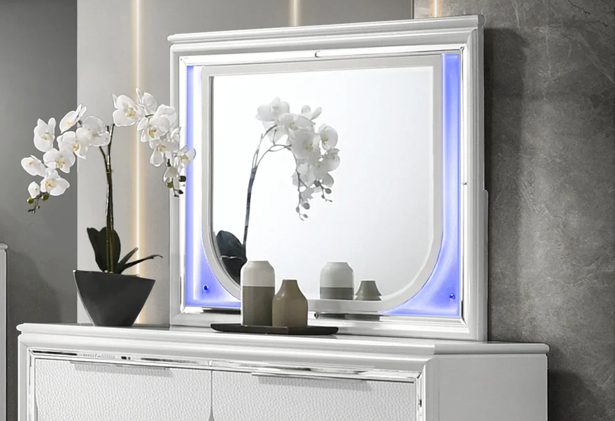 Modern White LED Mirror With Synthetic Wood Frame - Omega Lifestyles