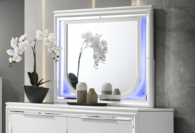 Modern White LED Mirror With Synthetic Wood Frame - Omega Lifestyles