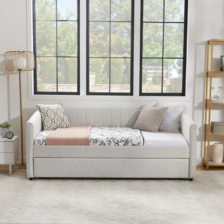 Twin Upholstered Linen Daybed With Functional Trundle - Omega Lifestyles