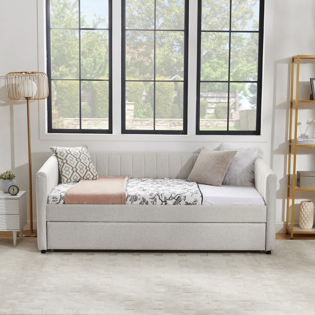 Twin Upholstered Linen Daybed With Functional Trundle - Omega Lifestyles