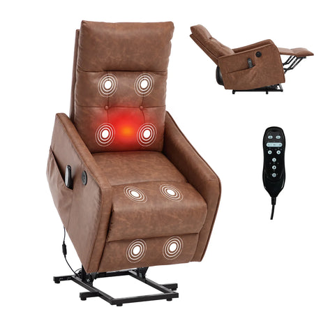 Brown Faux Leather Power Lift Recliner Chair With Massage Heat - Omega Lifestyles