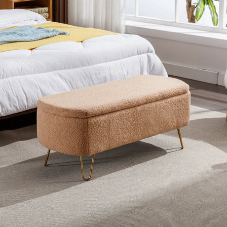 Camel Faux Fur Storage Ottoman Bench With Gold Legs - Omega Lifestyles