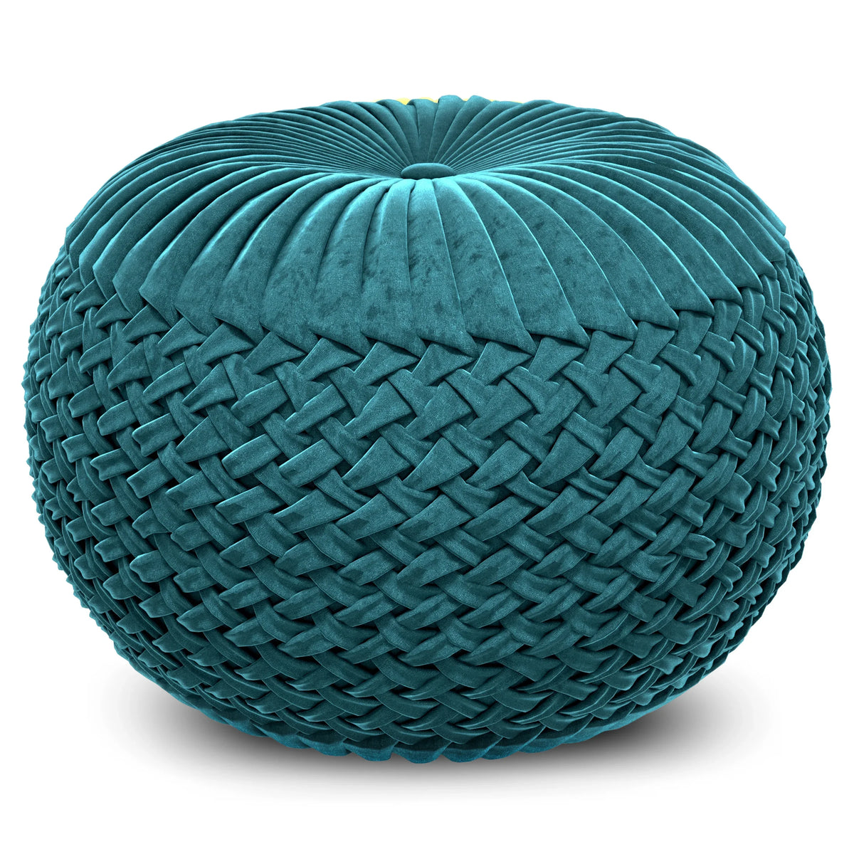 Teal Velvet Round Pouf With Button Tufted Top - Omega Lifestyles