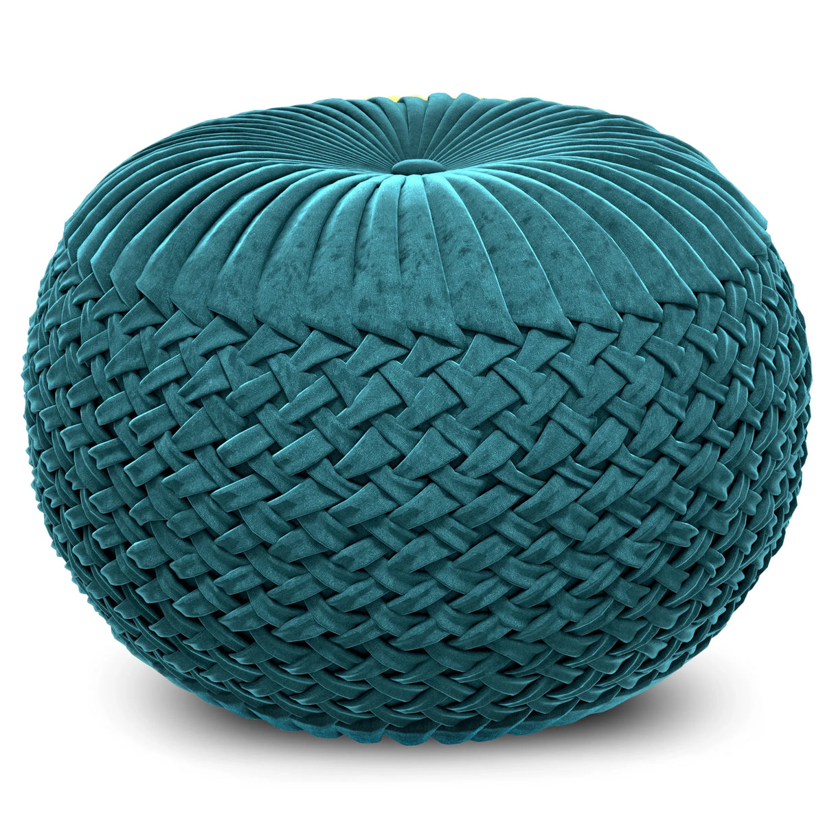 Teal Velvet Round Pouf With Button Tufted Top - Omega Lifestyles