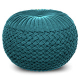 Teal Velvet Round Pouf With Button Tufted Top - Omega Lifestyles