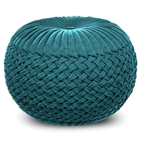 Teal Velvet Round Pouf With Button Tufted Top - Omega Lifestyles