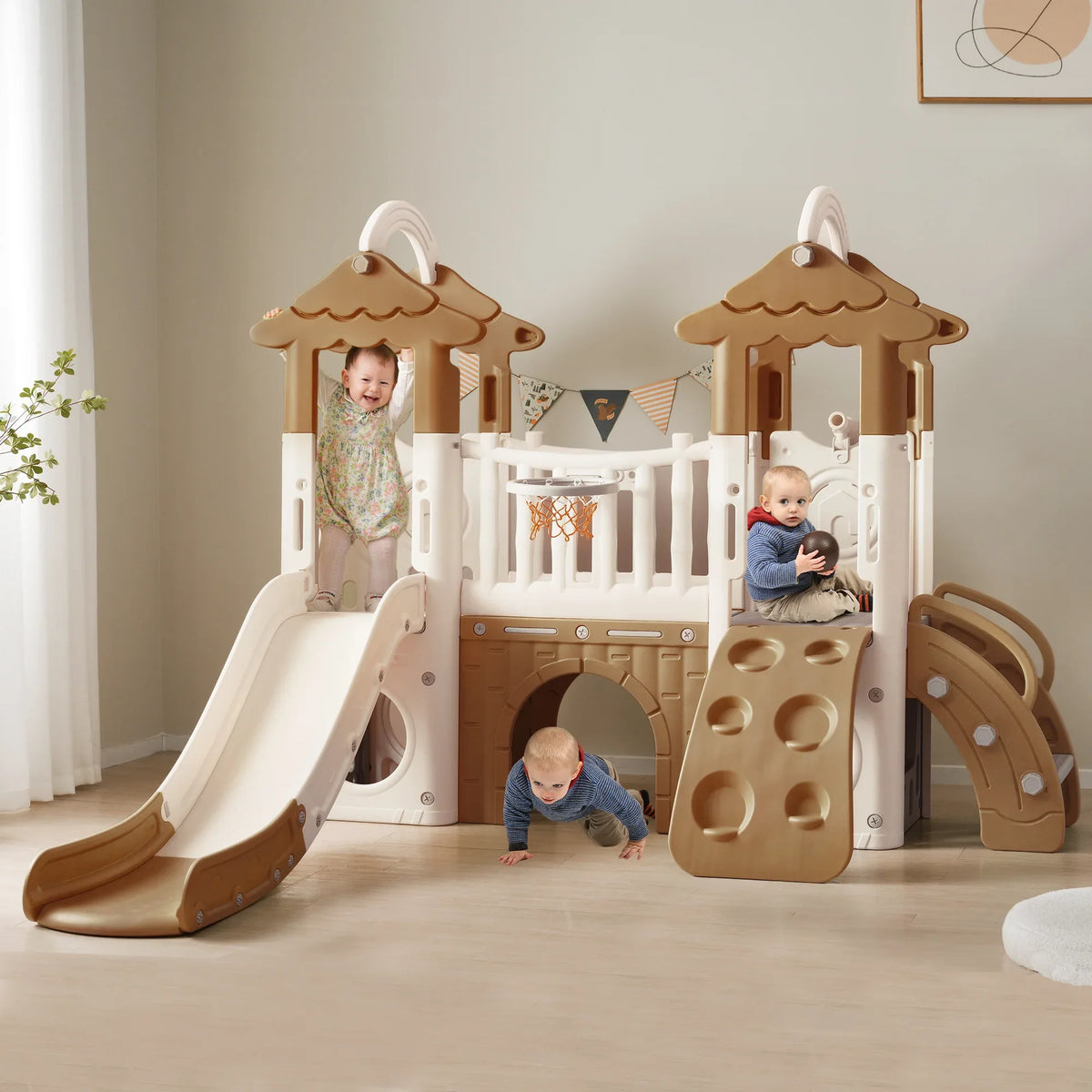 8-in-1 Toddler Freestanding Slide Climber Playset Brown - Omega Lifestyles