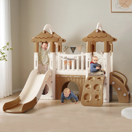 8-in-1 Toddler Freestanding Slide Climber Playset Brown - Omega Lifestyles