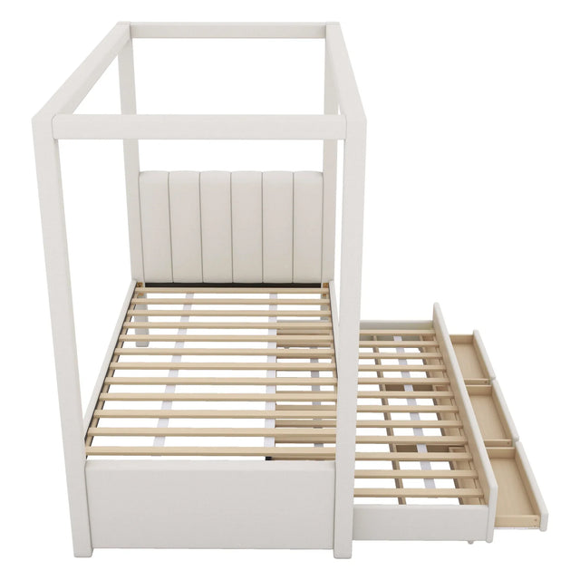 Twin Upholstered Canopy Platform Bed With Trundle and Storage - Omega Lifestyles