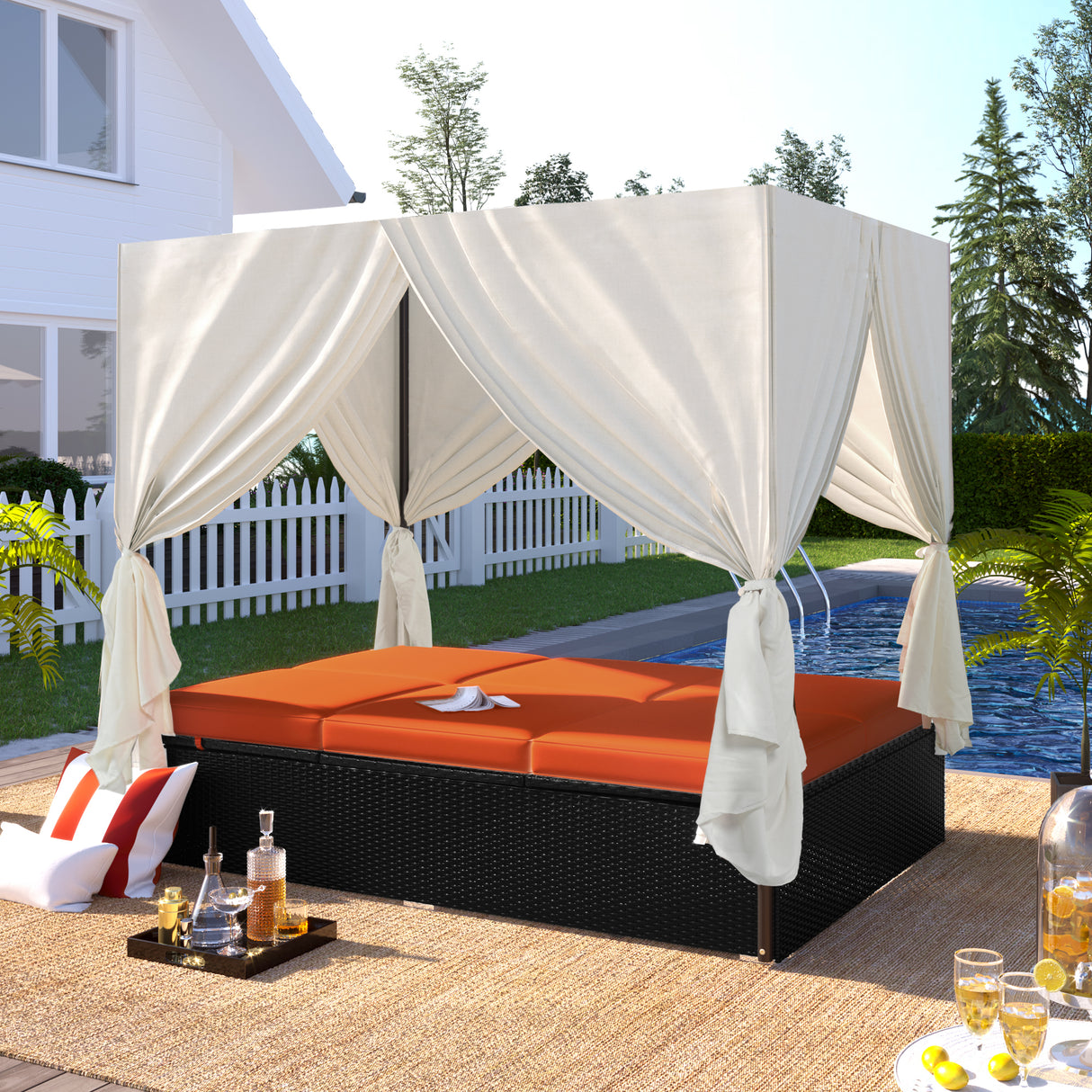 Outdoor PE Rattan Adjustable Patio Sunbed With Cushions