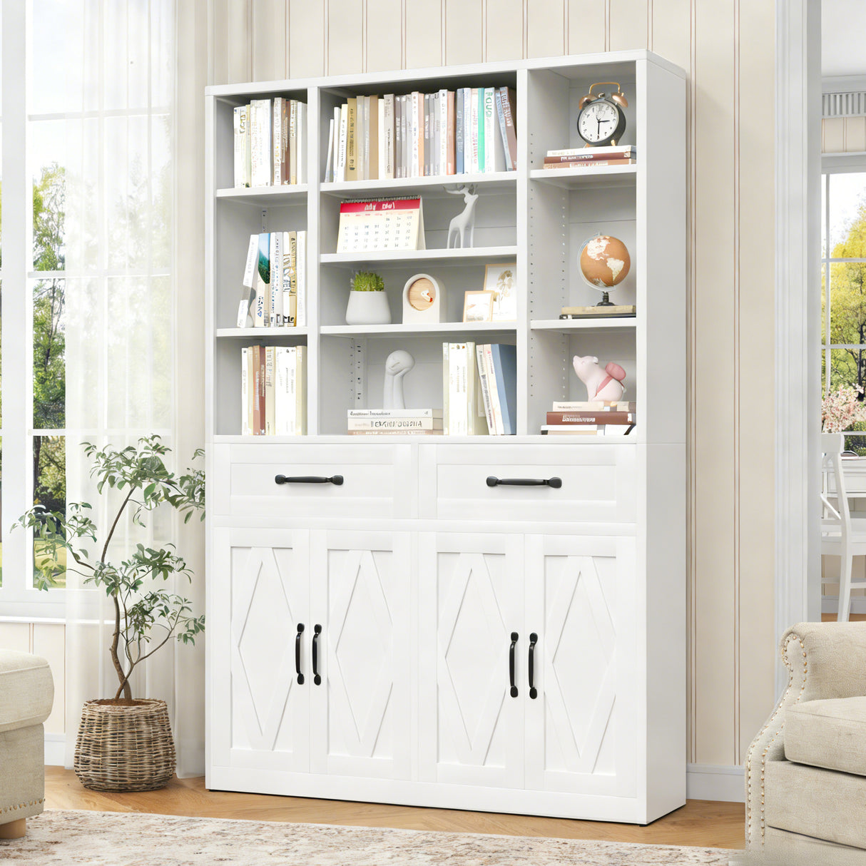 71-Inch Modern White Metal Bookcase With Drawers