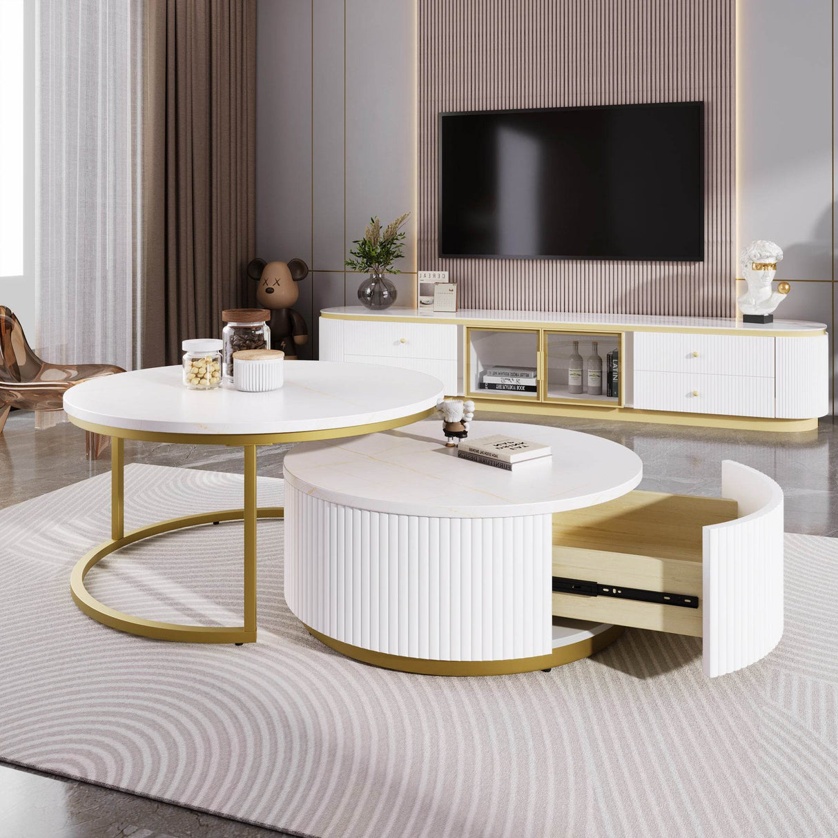 Modern Round Nesting MDF Coffee Table With Drawer - Sleep Galleria